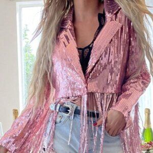Pale Pink Party Women's Sequin Fringe Jacket